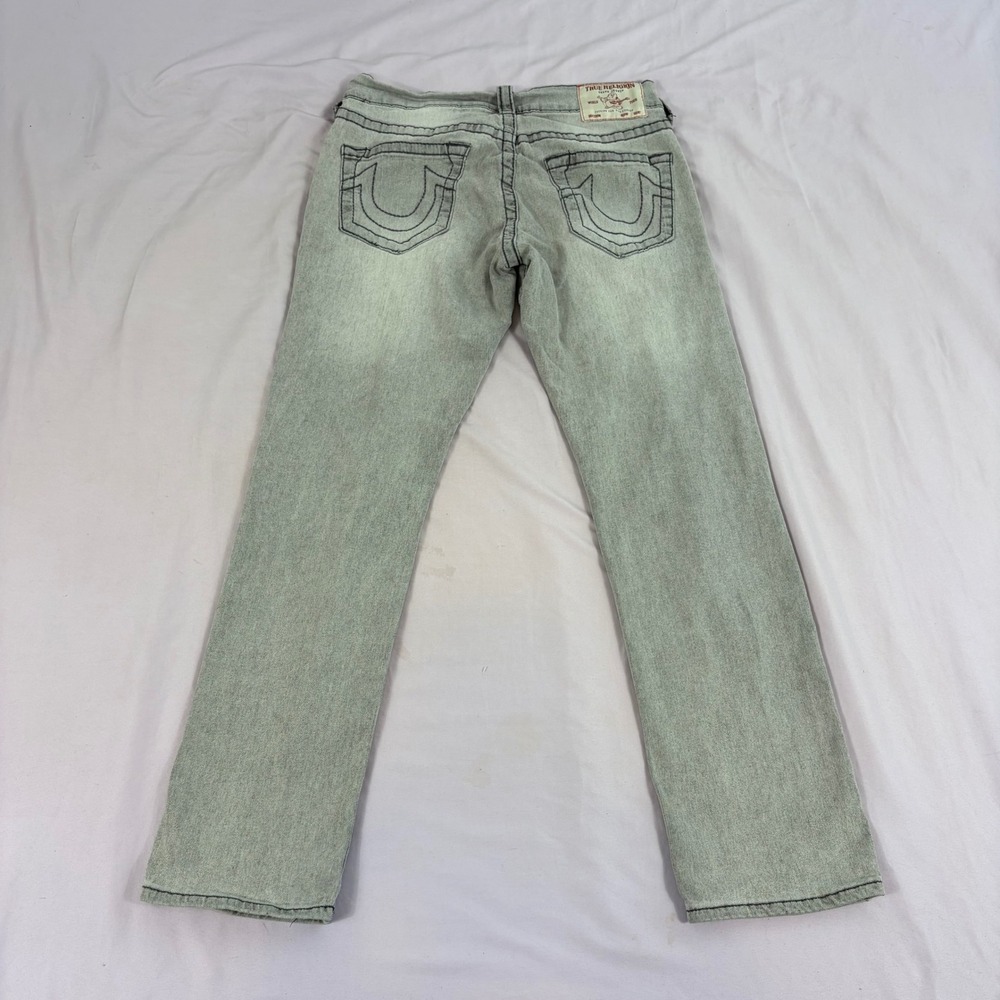 True Religion Mens Geno Jeans Grey Wash 31 Slim Straight Horseshoe Stitch Denim